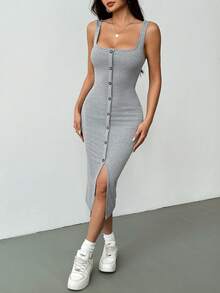 Flirla 纽扣前襟方领开衩大腿吊带连衣裙长款女装 - 灰色 - 查看 6