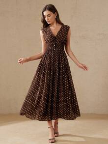 Aveloria Rosie 法式复古极简优雅雪纺波点V领系带飘逸连衣裙，适合日常穿着和度假 - 棕色 - 查看 4