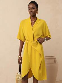 Vesra 时尚休闲度假V领宽松短袖女式连衣裙 - 黃色 - 查看 6