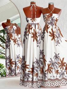 Flirla SunnyBelle Plus Size Women Spaghetti Strap Ruched Bodice Tropical Shell Print White Blue,Summer Boho Casual Vacation Holiday Palm Tree Sundress - Multicolor - View 5