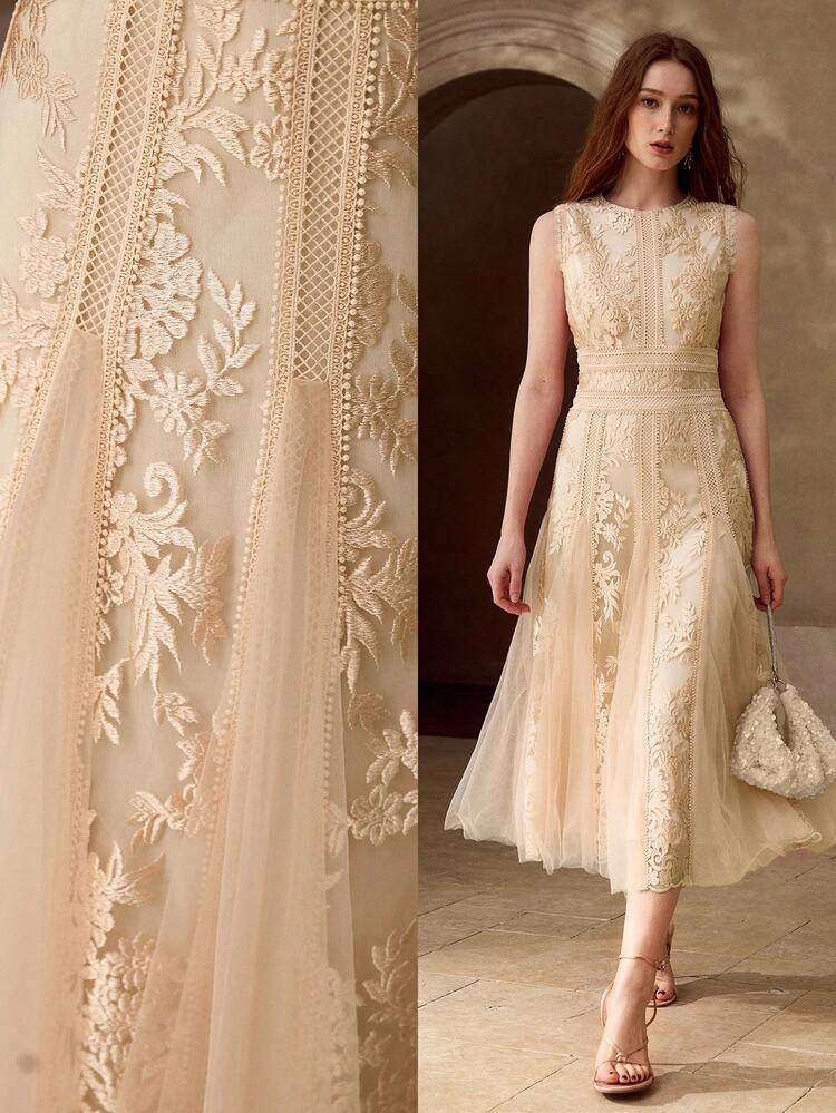 WOMEN'S LACE EMBROIDERED SPLICE FLORAL HEM ELEGANT SLEEVELESS DRESS, SUITABLE FOR DATES AND OCCASIONS, SPRING/SUMMER