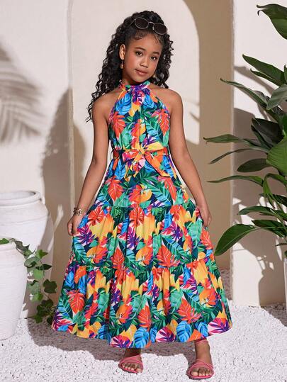 Tween Girls' Summer Fashionable Colorful Tropical Floral Print Backless Maxi Dress With Belt, Flowing & Comfortable, Suitable For Vacation