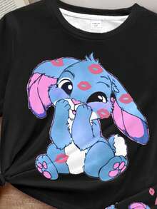 黑色爱心嘴唇印花卡通蓝色兔子露露，圣诞节，缝线蝴蝶结图案，秋季，少女休闲简约圆领短袖裤装睡衣，适合夏季、秋季穿着。 - 彩色 - 查看 4