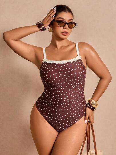 Elaquor Plus Size Women Polka Dot Print Frill Trim One-Piece Swimsuit Polka Dot Swimsuit Plus Swimwear Vintage Swimsuit Polka Dot One Piece Ruffle Trim Swimsuit