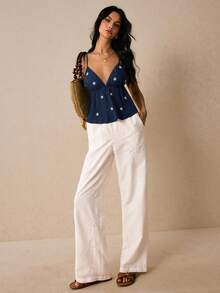 Poéselle Áo camisole nữ thêu hoa, xếp ly, kiểu dáng thường ngày, đa năng. - Màu xanh lam - Xem 2