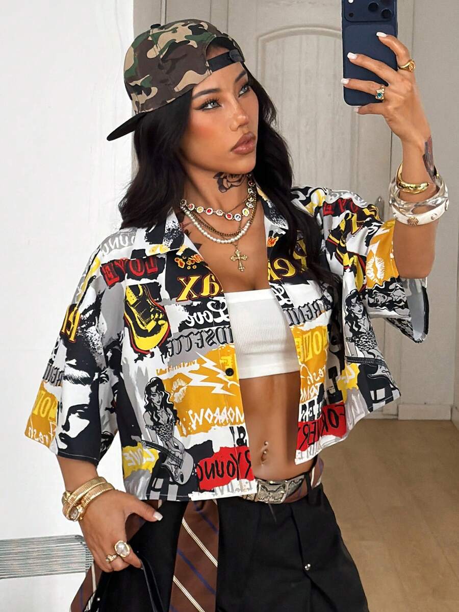 Coolane 女士春夏复古学院风格子宽松露脐上衣红色衬衫，适合新年穿着 - 黃色 - 查看 1