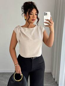 Elenzga Beige Linen-Cotton Sleeveless Shirt With Shoulder Ties,Smart Casual Summer Plus-Size Blouse,Office Stylish Streetwear For Vacations - Apricot - View 1