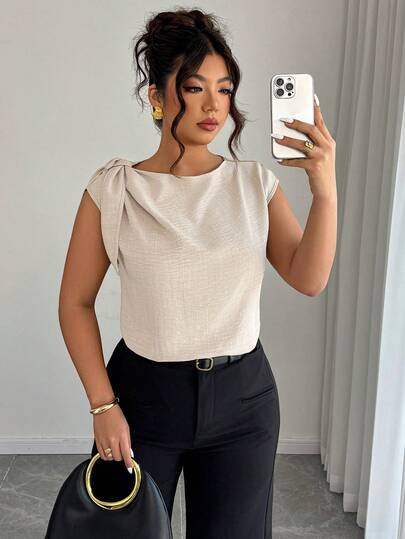 Elenzga Camisa sin mangas de lino y algodón en beige con lazos en los hombros: informal para vacaciones, elegante para el uso diario, adecuada para la oficina - Blusa talla grande para primavera y verano