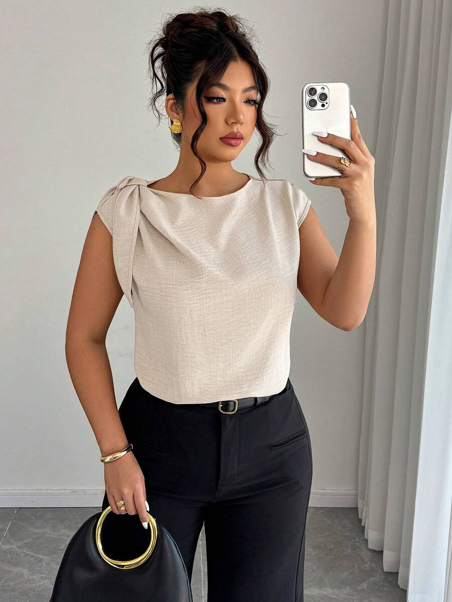 Elenzga Beige Linen-Cotton Sleeveless Shirt With Shoulder Ties,Smart Casual Summer Plus-Size Blouse,Office Stylish Streetwear For Vacations - Apricot - View 1