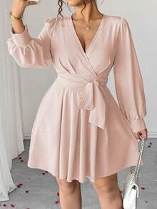 Vestido elegante de manga larga con cuello en V, cintura con lazo y falda acampanada para mujer de talla grande - Rosa vieja - Ver 7