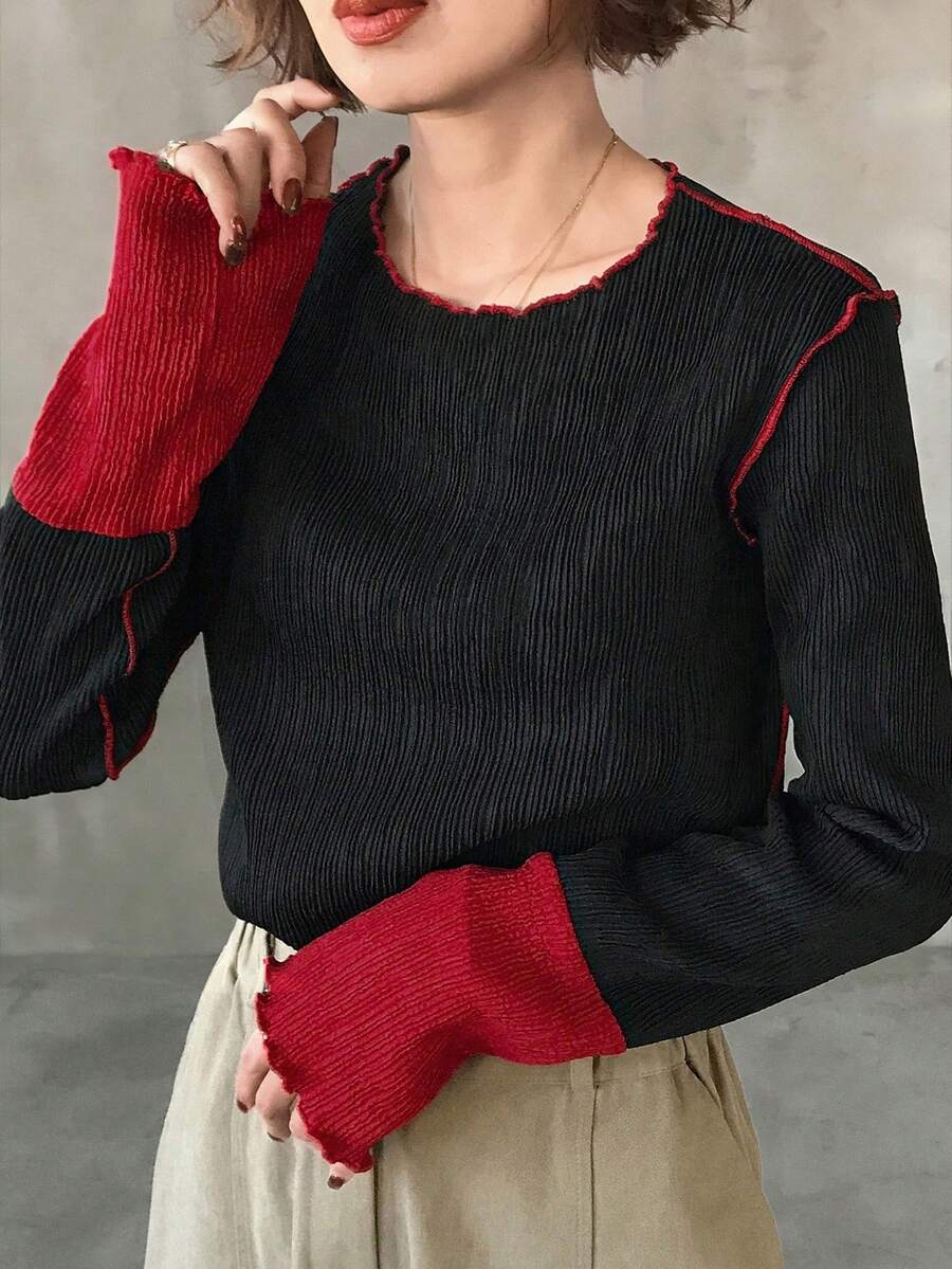 FRIFUL 女士高领长袖修身袖口撞色拼接波浪下摆装饰常规套头T恤 - 黑色 - 查看 1