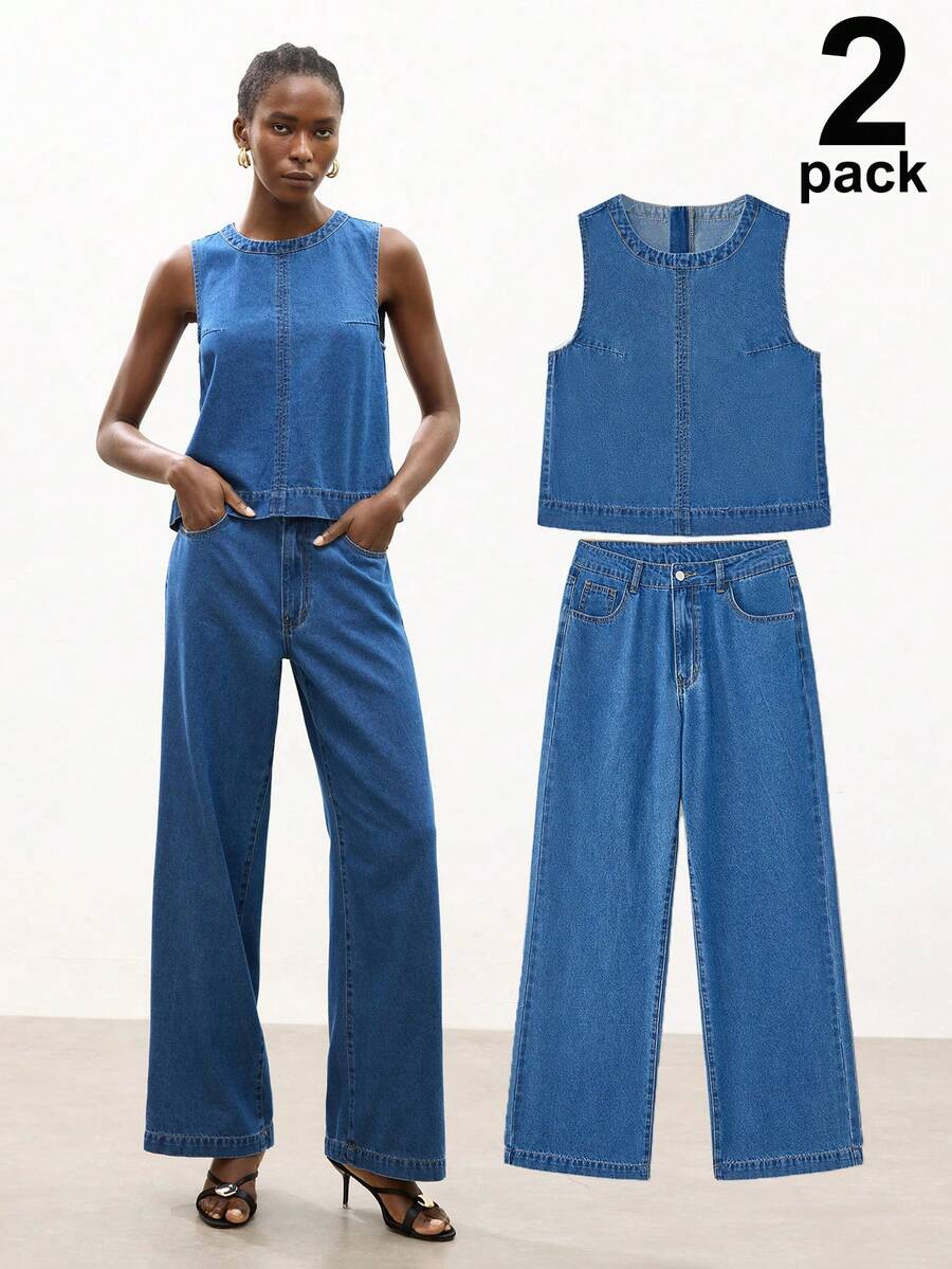 Maija Conjunto de chaleco y pantalones de mezclilla casual para mujer, de verano - Azul lavado medio - Ver 1