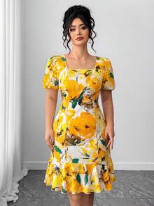 Elenzga Vestido de fiesta elegante con cintura ceñida y estampado floral para mujer de talla grande - Amarillo - Ver 4