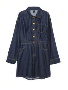 DAZY Solid Button Front Denim Dress - Dark Wash - View 2