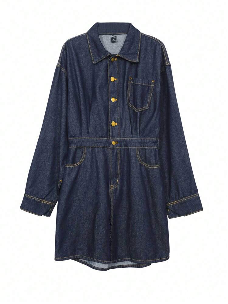 Solid Button Front Denim Dress