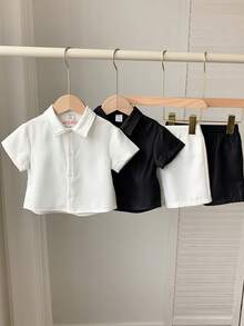 SHEIN 4件套男女宝宝夏季黑白撞色字母印花针织柔软polo领短袖开衫衬衫和松紧腰短裤套装，适合度假、居家、上学穿着。 - 彩色 - 查看 2
