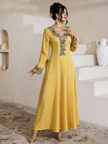 Al Najma Embroidered Lace Patchwork Elegant Modest Long Sleeve Dress - Yellow - View 4