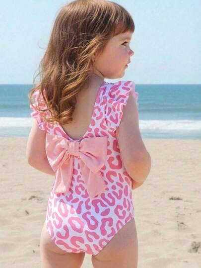 Emery Rose Kids Emery Rose Kids 女童撞色蝴蝶结豹纹可爱泳衣，适合海滩度假