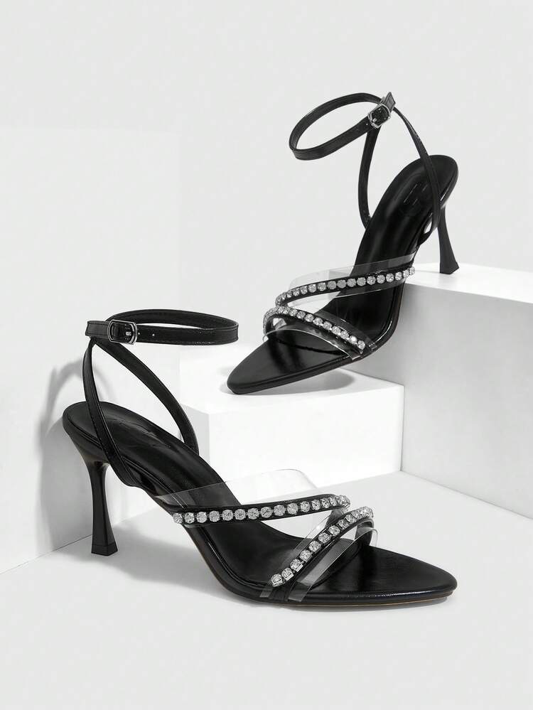 CUCCOO SZL Women Shoes Crossed With Rhinestones Decorative Square Toe Stiletto Sandals Daily Dating Party Prom Heels
