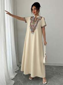 Rafferiza Contrast Color Embroidered Jewel Collar Loose Long Dress For Women - Apricot - View 4