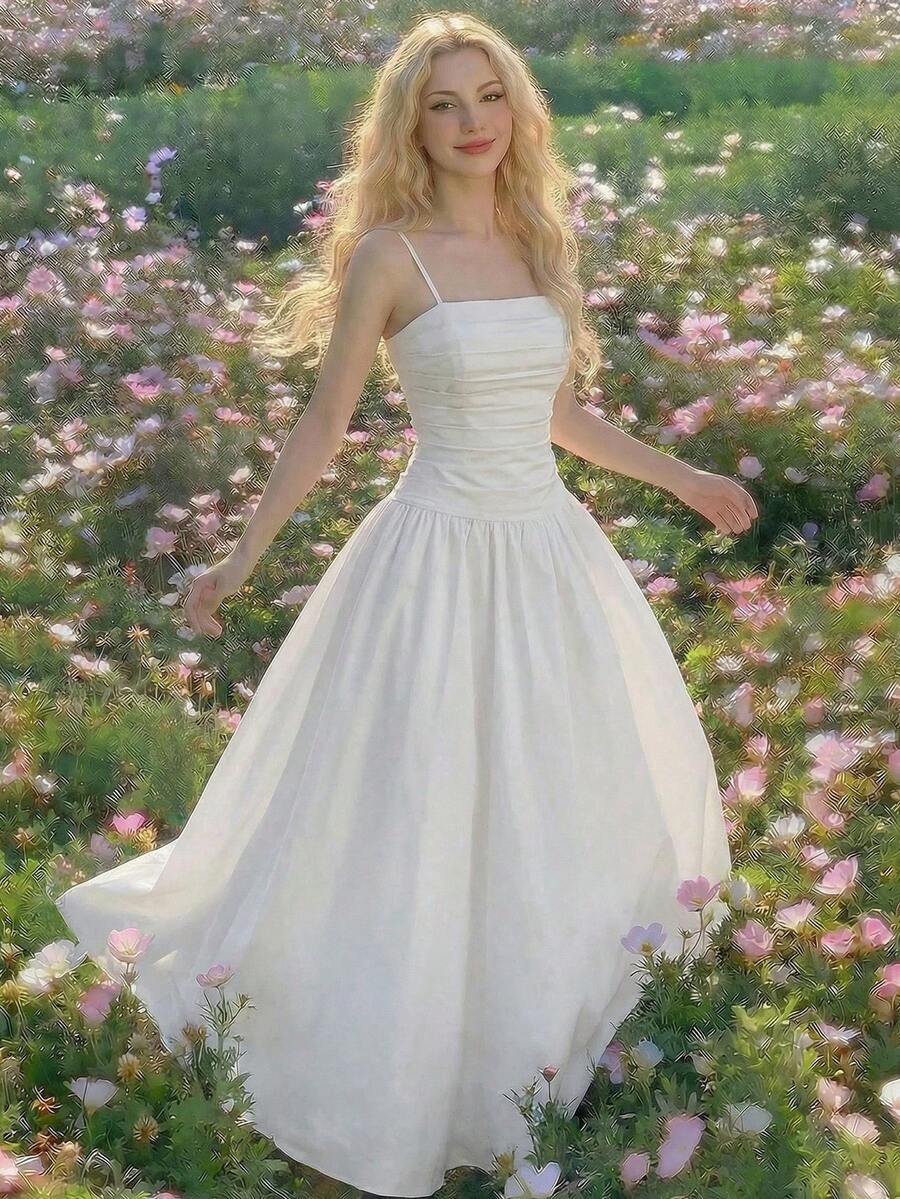 SHEIN MOD Women's White Pleated Spaghetti Strap Dress - White - View 1