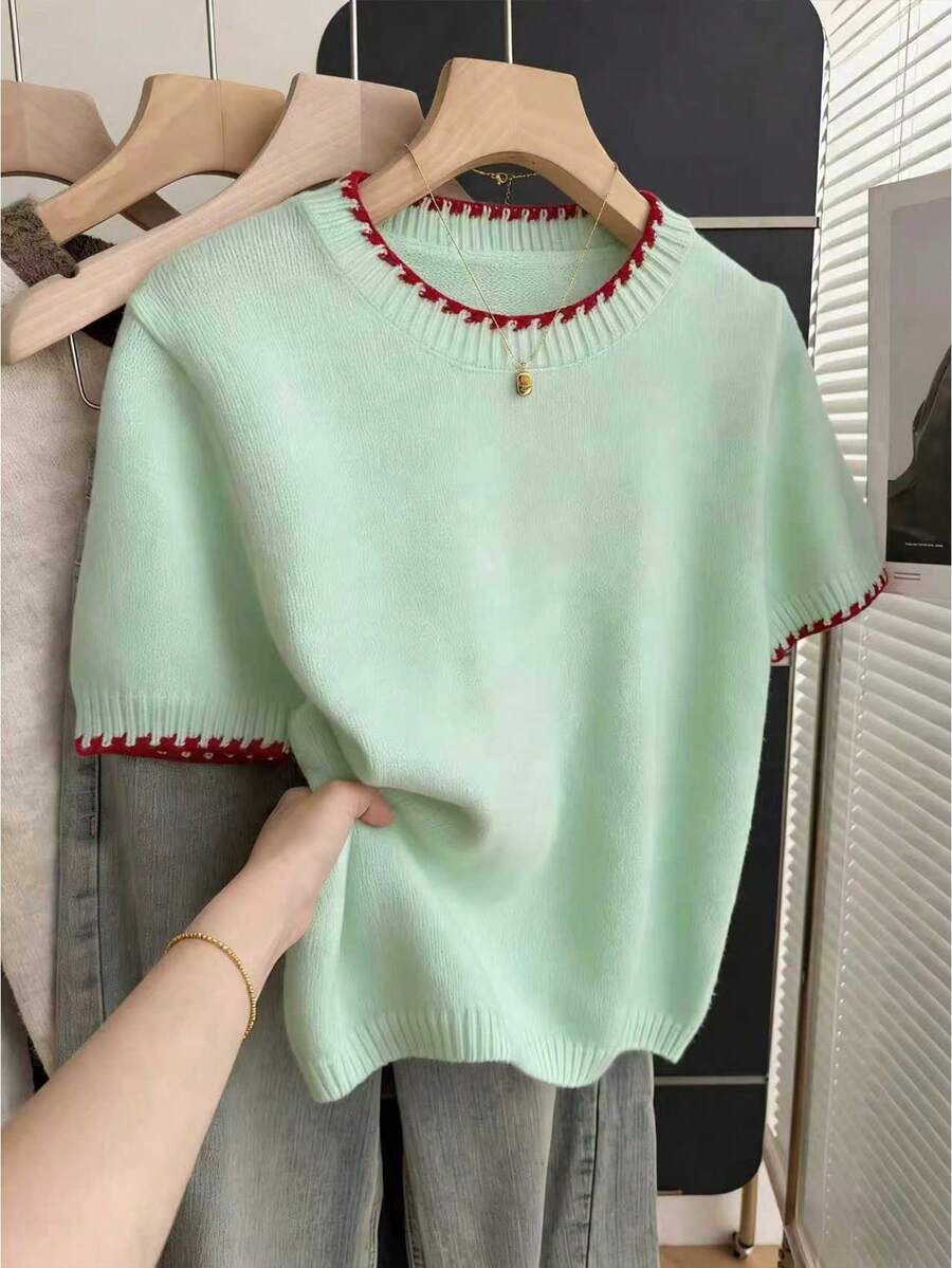 SHEIN LUNE French Retro Loose Round Neck Short Sleeve Colorblock Knit Top For Women,Mint Green,Summer,Casual,School Cute Sweater Light Green Elegant Blouse - Green - View 1