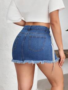 SHEIN BAE Women's Sequin Five-Pointed Star Pattern Pocket Fringe Hem Denim Mini Skirt - Dark Wash - View 2