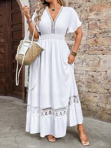 Breezaya Vestido casual romántico de encaje jacquard para mujer de talla grande, adecuado para uso diario, ir al trabajo, vacaciones, primavera/verano - Blanco - Ver 4