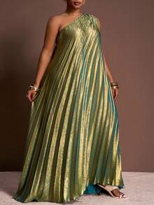 SHEIN CURVE+ 2025春夏秋季新款优雅派对、约会、毕业季、生日派对、聚会、婚礼季、宴会等场合的性感宽松无袖单肩单侧高开衩亮面面料全褶皱大码长裙 - A - 綠色 - 查看 7