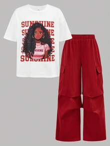 SHEIN 少女休闲街头风圆领可爱印花T恤和裤子套装，红色 - 紅色 - 查看 12