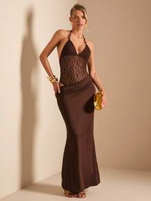 SHEIN BAE 女士深V领串珠系带直筒性感连衣裙，春夏款 - 棕色 - 查看 4