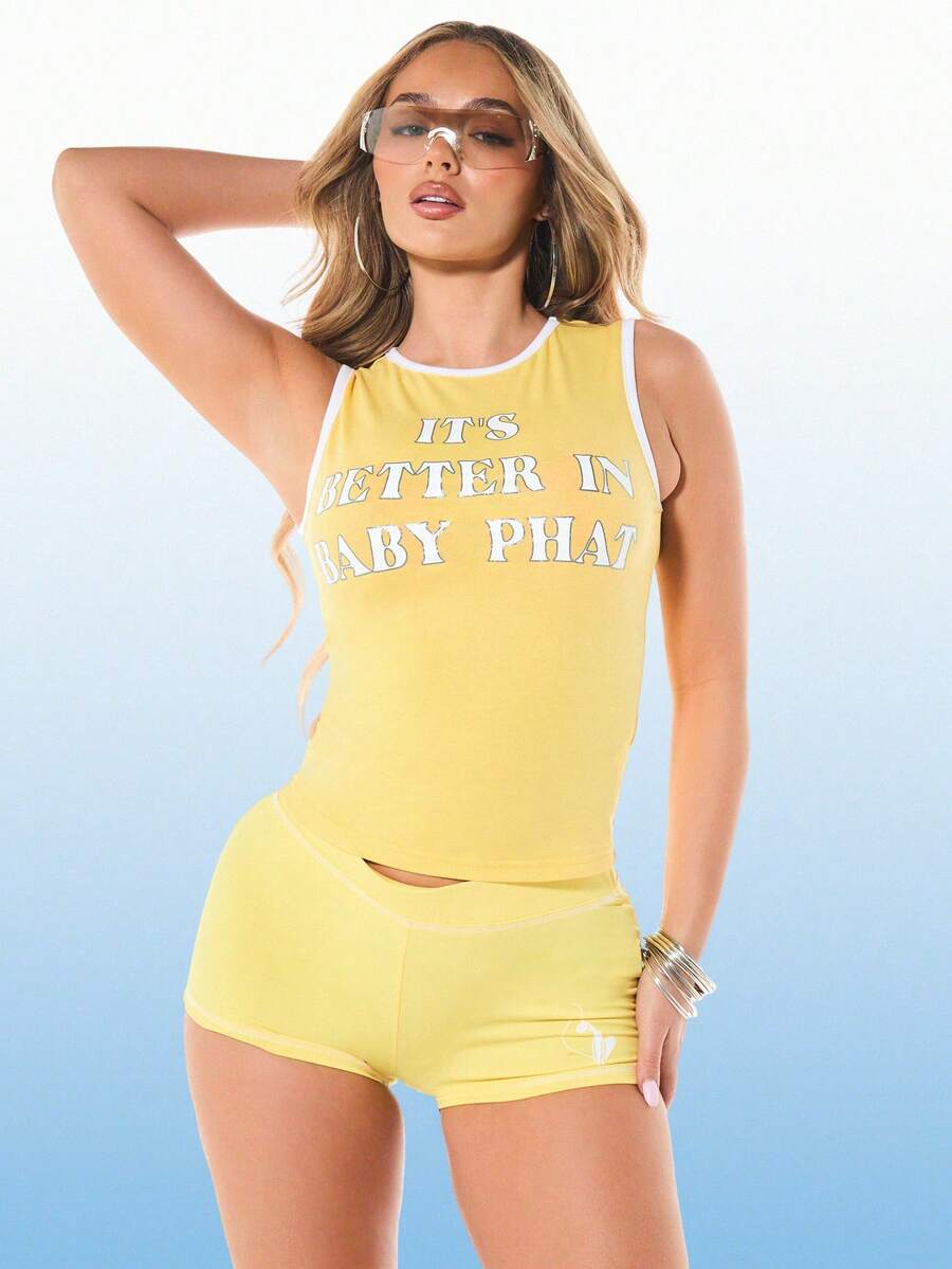 Women's Graphic Tank Top With White Text Print And Contrast Trim Binding Detail Sleeveless Summer Fashion Top - Yellow - View 1