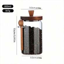 1 pieza Tarro de café de vidrio con tapa de madera y juego de cucharas, tarros de almacenamiento de alimentos herméticos para organización de la cocina - Disponible en 3 tamaños - Transparente - Ver 14