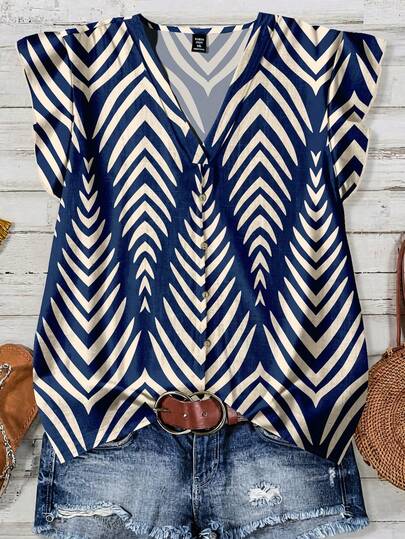 Rusticease Camisa casual de mujer con estampado geométrico, adecuada para el verano