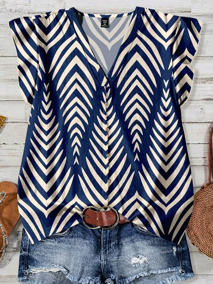 Rusticease 女士休闲几何印花衬衫，适合夏季穿着 - 彩色 - 查看 1