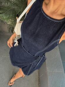 Sunnyshic Đầm denim nữ cổ tròn thắt nút, kiểu dáng thường ngày, thích hợp cho kỳ nghỉ hoặc đi biển. - Màu xanh lam - Xem 3