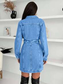 EURMUSE 女式纯色牛仔连衣裙（配腰带） - 中等水洗藍 - 查看 2