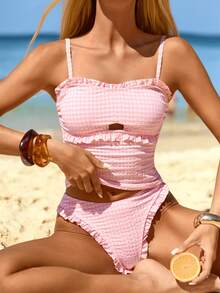 Bellisia Conjunto de Maiô Tankini com Top Camisole com Babado Franzido e Estampa Xadrez e Parte Inferior Triângulo para Mulheres - Preto - Visão 3