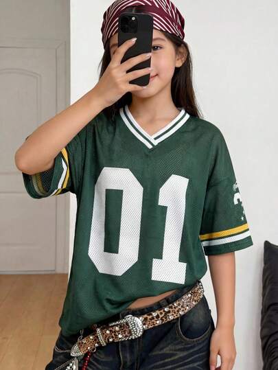 SHEIN 少女休闲运动服数字图案宽松长袖针织T恤