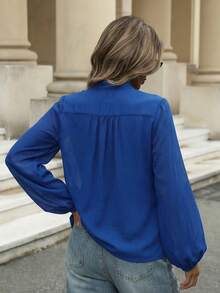 Aveloria Modichic Classic Retro Polka Dot Tie Front Semi-Sheer Blouse, French Style Elegant Business Casual Women  - Royal Blue - View 2