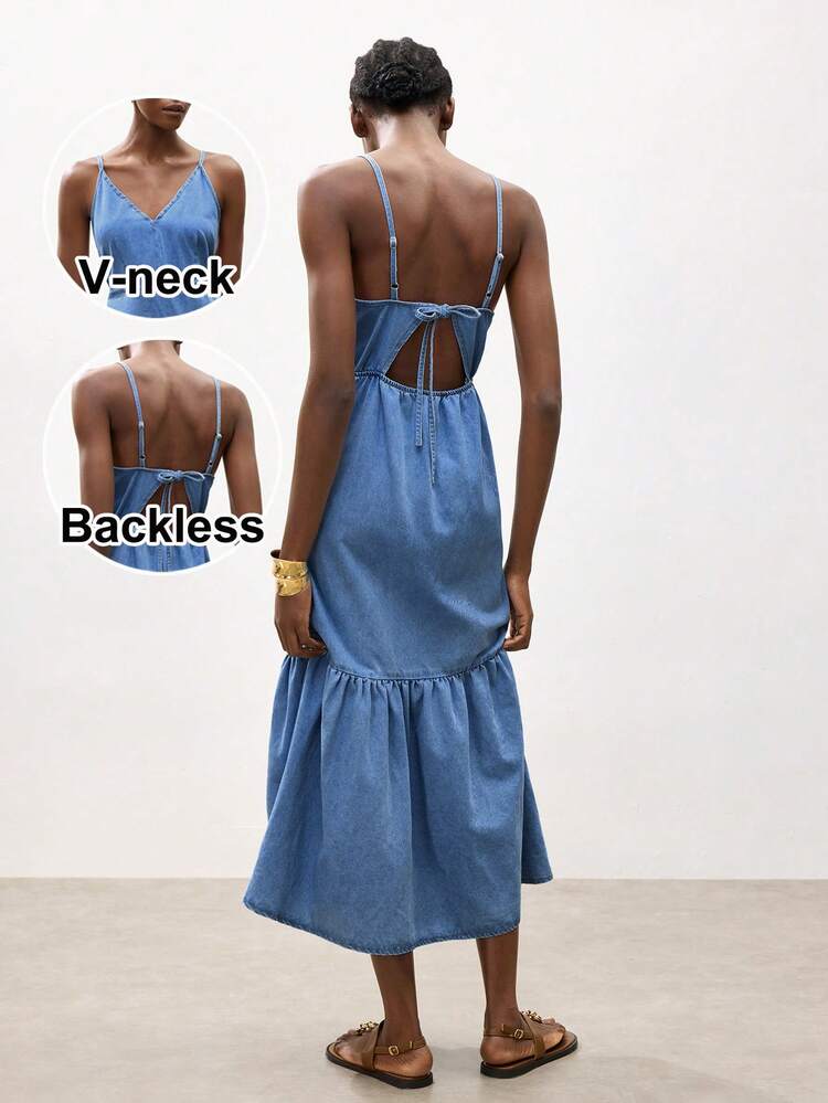 SHEIN Maija Women's Blue Denim Sundress, Vacation Sundress, Sexy Backless Dress.Summer Vacation Outfits,Beach Outfits ,Backless Summer Dress, Tie Back Dress