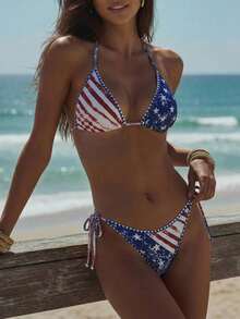 Swim Vcay 26SS Women's Spring/Summer Beach Outfit, Women's Striped & Star Print Halter Backless Sexy Bikini Set, 2pcs - Multicolor - View 5