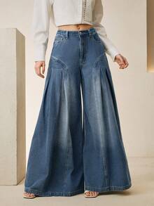 Anewsta Trang phục mùa hè thanh lịch dành cho nữ: Quần jeans ống rộng cạp cao màu xanh vintage, thiết kế độc đáo với đường xẻ tà, phù hợp cho đi làm, mặc hàng ngày và đi chơi. - Màu xanh lam - Xem 3