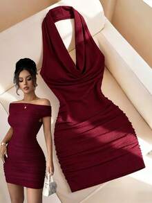 SHEIN Elenzya Wine Red Women's Fitted Textured Pleated Versatile Elegant Design Dress - Burgundy - View 1