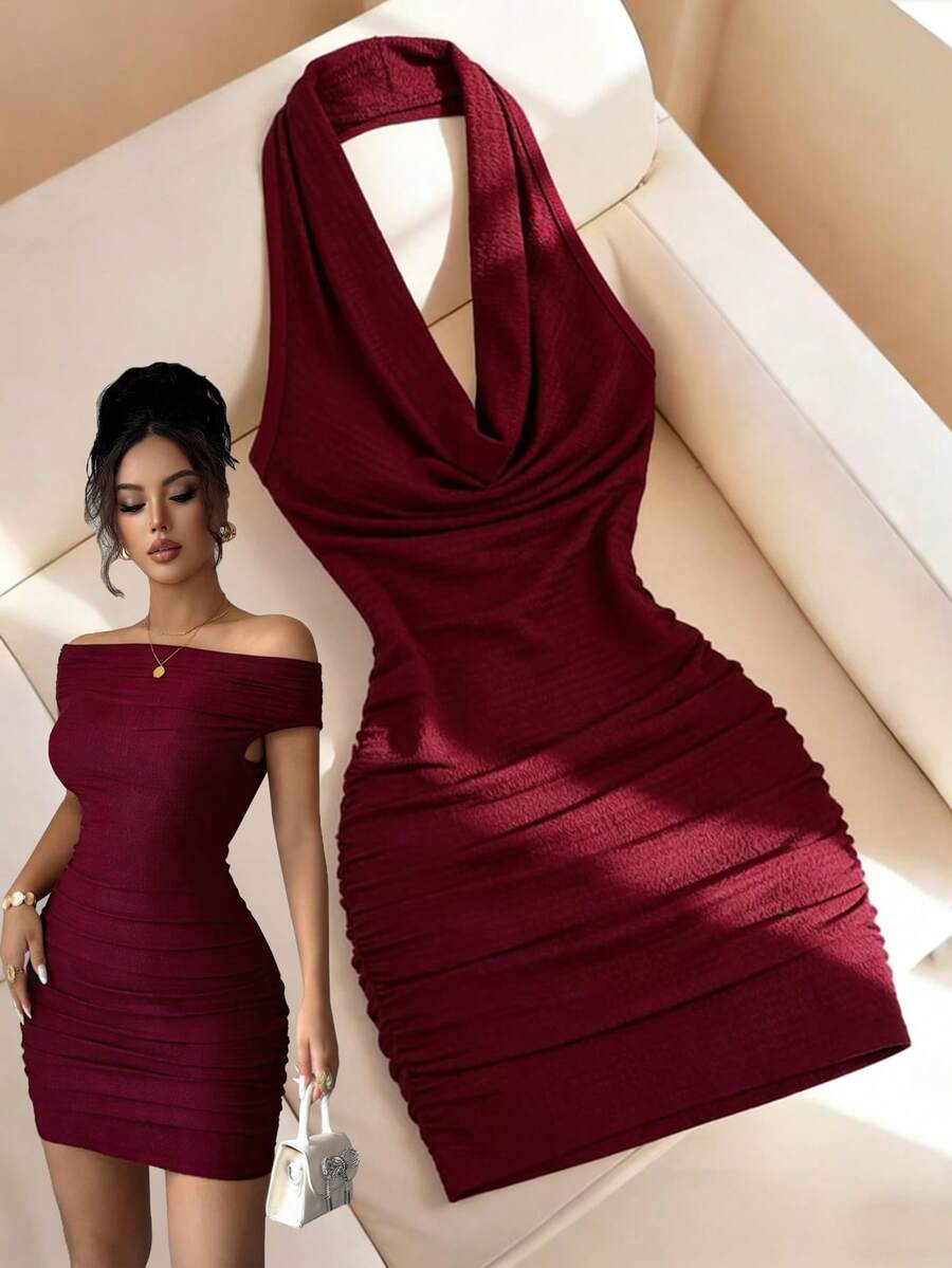 SHEIN Elenzya Wine Red Women's Fitted Textured Pleated Versatile Elegant Design Dress - Burgundy - View 1