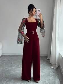 Rafferiza 2026春夏新款优雅简约长袖刺绣网纱拼接修身腰部金属纽扣连体裤（女款） - 酒紅色 - 查看 4