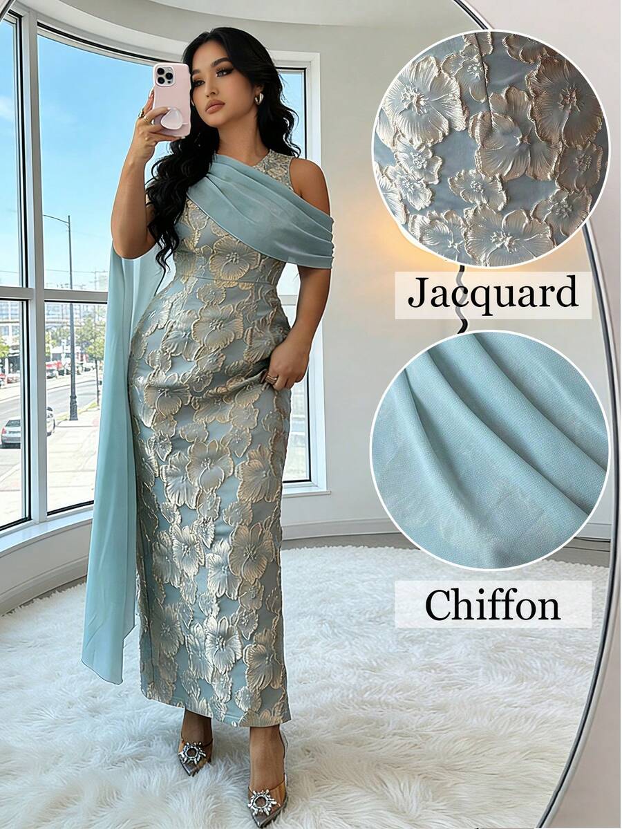 Elenzga Đầm maxi nữ bán chạy nhất, chất liệu vải jacquard vàng óng ánh, kiểu dáng thanh lịch với khăn choàng chiffon, thích hợp cho các bữa tiệc, hẹn hò, mua sắm và nhiều dịp khác trong mùa xuân/hè. - màu xanh lá - Xem 1