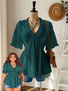 Rusticease Plus Size Women's Teal Boho Summer V-Neck Ruffle Trim Short Sleeve Blouse,Vacation Holiday Country Casual Top Shirt,Spring Break Outfits - Dark Green - View 1