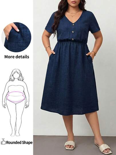 Enliva 大码女装春夏时尚休闲宽松舒适日常百搭修身V领短袖收腰蓝色中长款带口袋连衣裙，欧洲夏季，女士教师装，太阳裙，简约风格