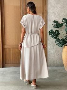 EMERY ROSE Women's Solid Color Round Neck Top And Skirt 2-Piece Set, Fashionable For Dates And Outings 2 Piece Sets Woman Dress Summer Outfit For Women Coords For Women Casual Classy Work Outfits For Women Office Outfits For Women - Apricot - View 2